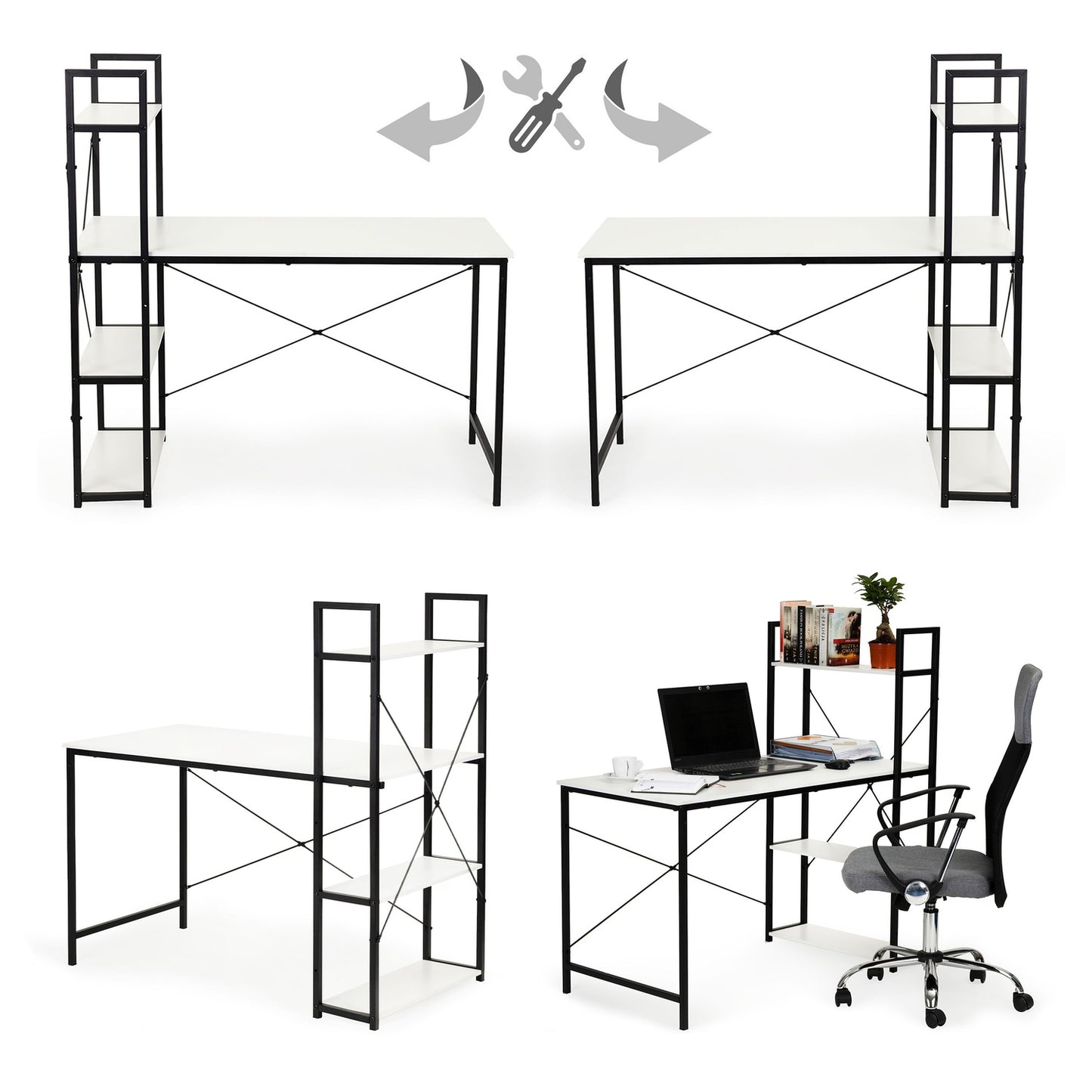Office computer desk, table + bookcase, loft shelves