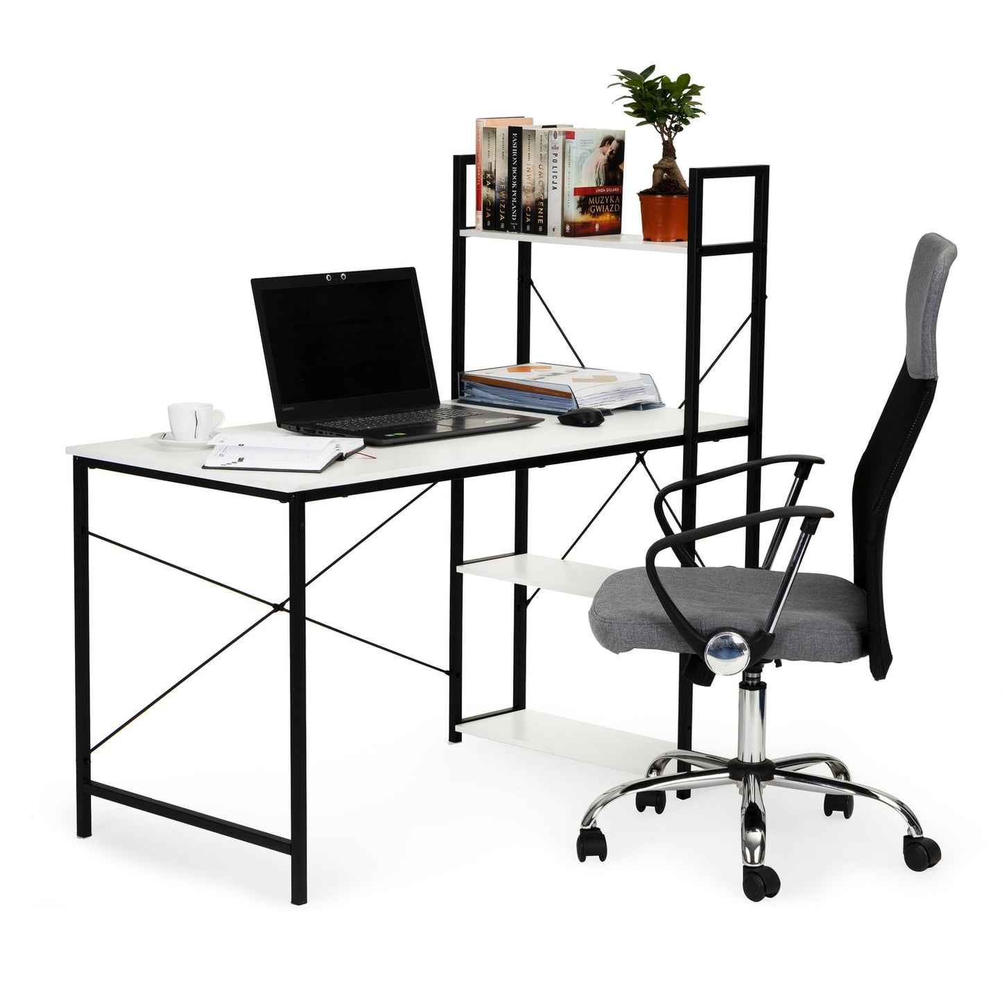 Office computer desk, table + bookcase, loft shelves