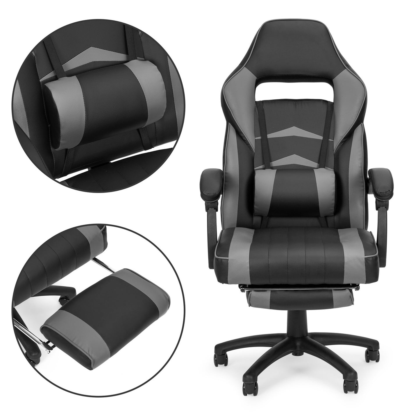 Office gaming chair with adjustable footrest and lumbar pillow