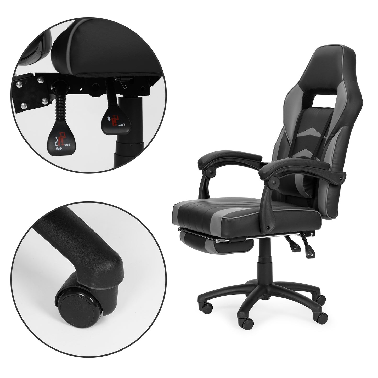 Office gaming chair with adjustable footrest and lumbar pillow