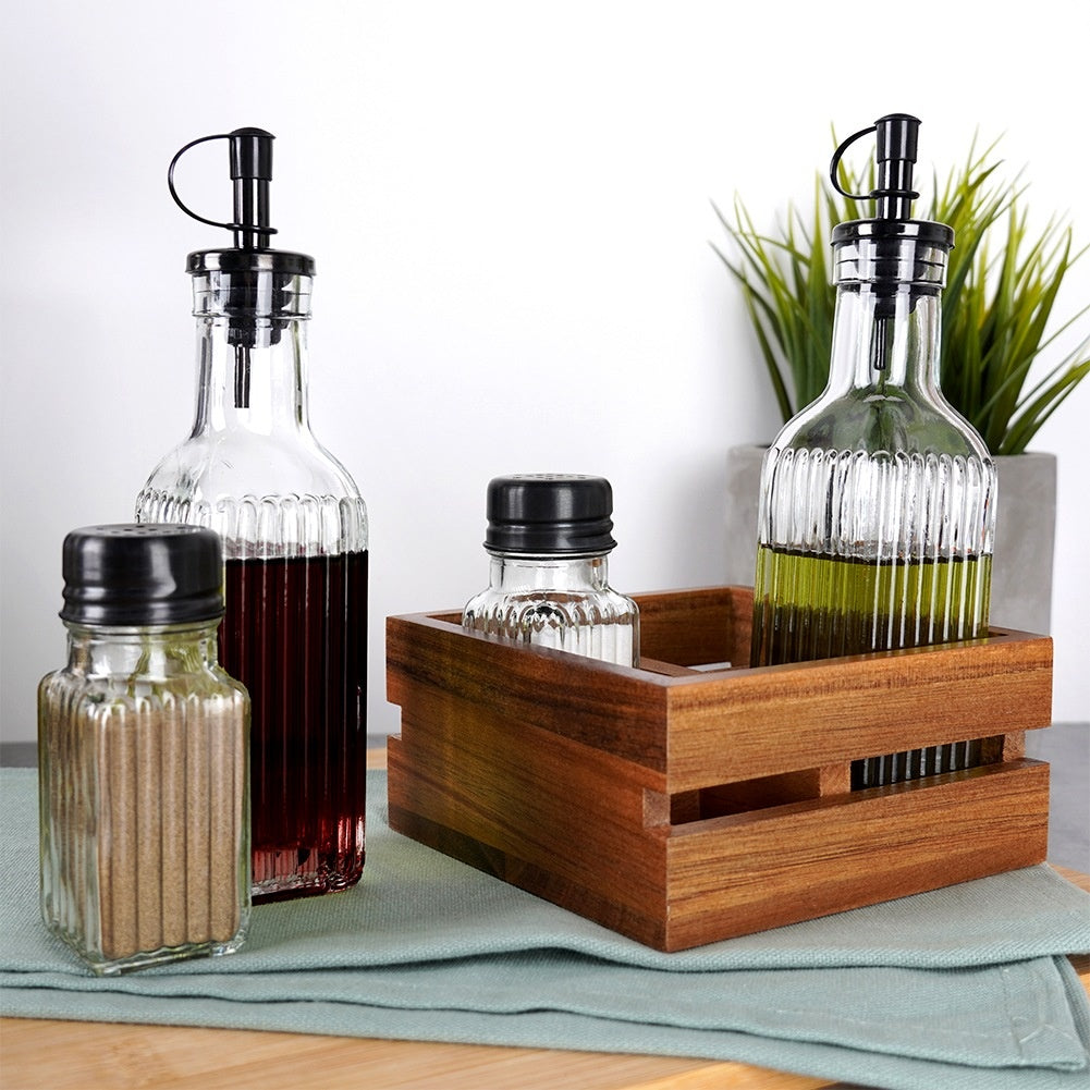 Oil and Vinegar Bottles Set with Stand, 5 Pieces