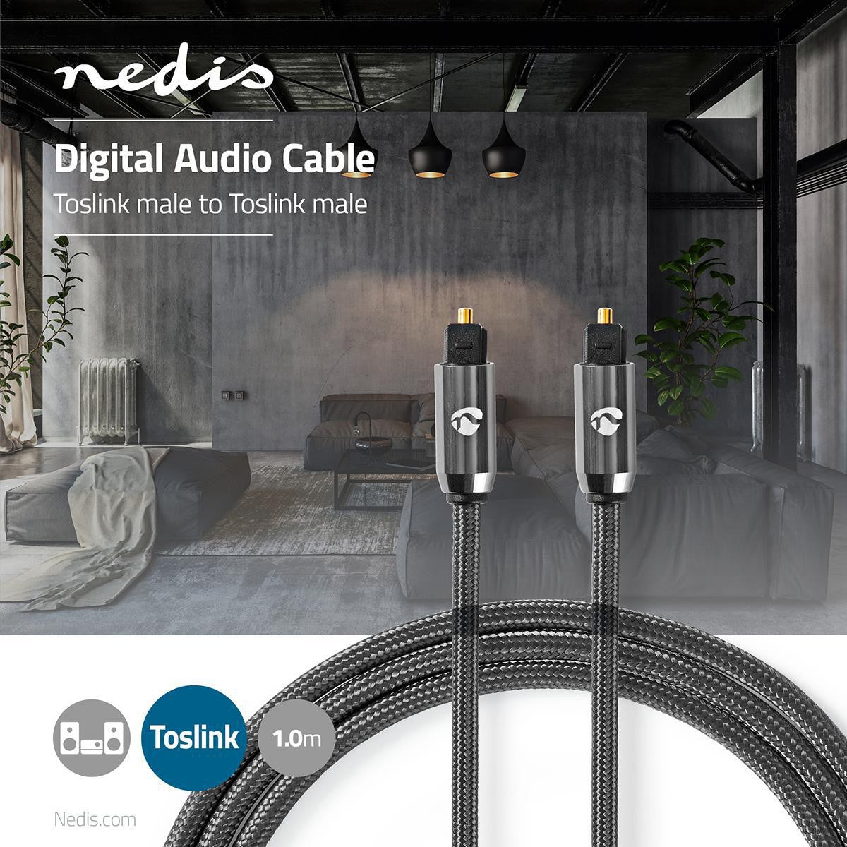 Optical audio cable | TosLink Male | TosLink Male | 1.00 m | Round | Cotton | Gray With Metal | Carton with covered window