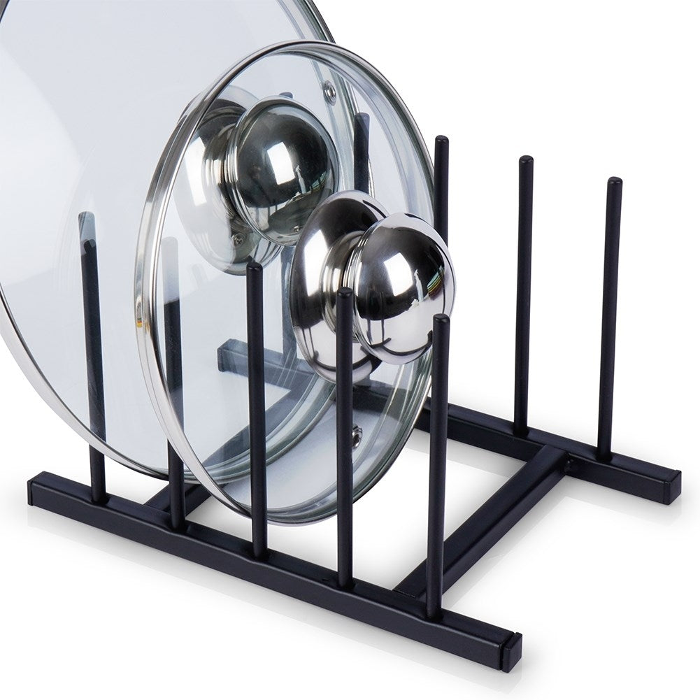 Organizer in black metal for plates and lids, modern style