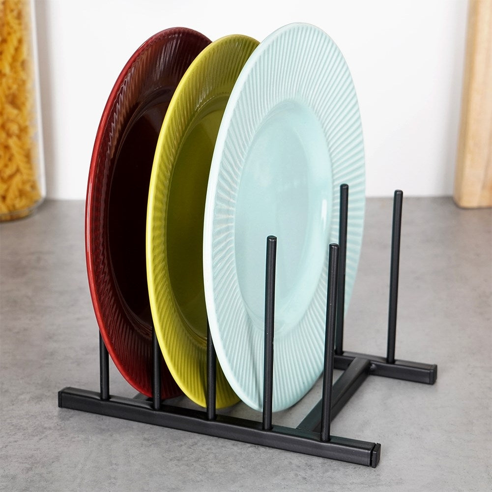 Organizer in black metal for plates and lids, modern style