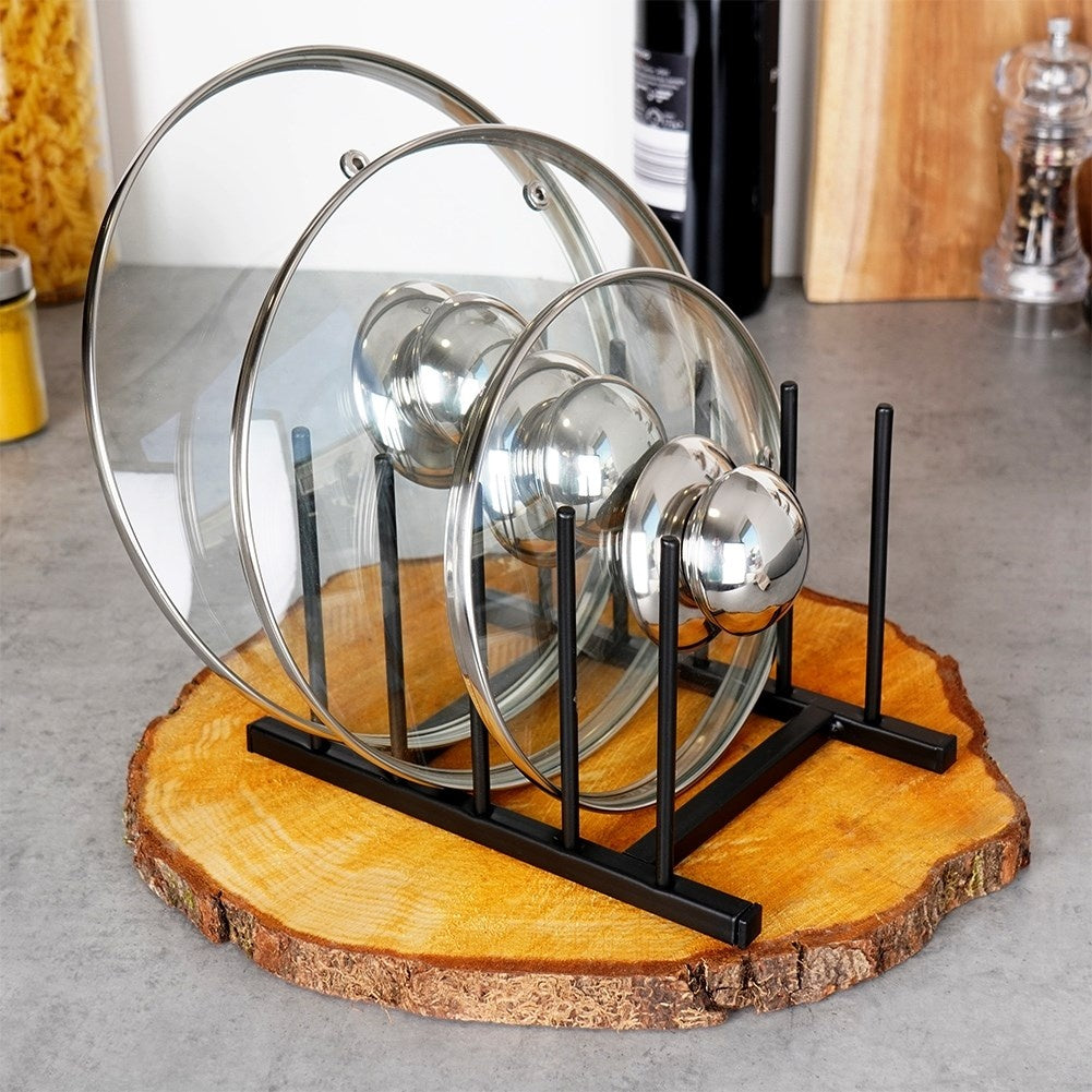 Organizer in black metal for plates and lids, modern style