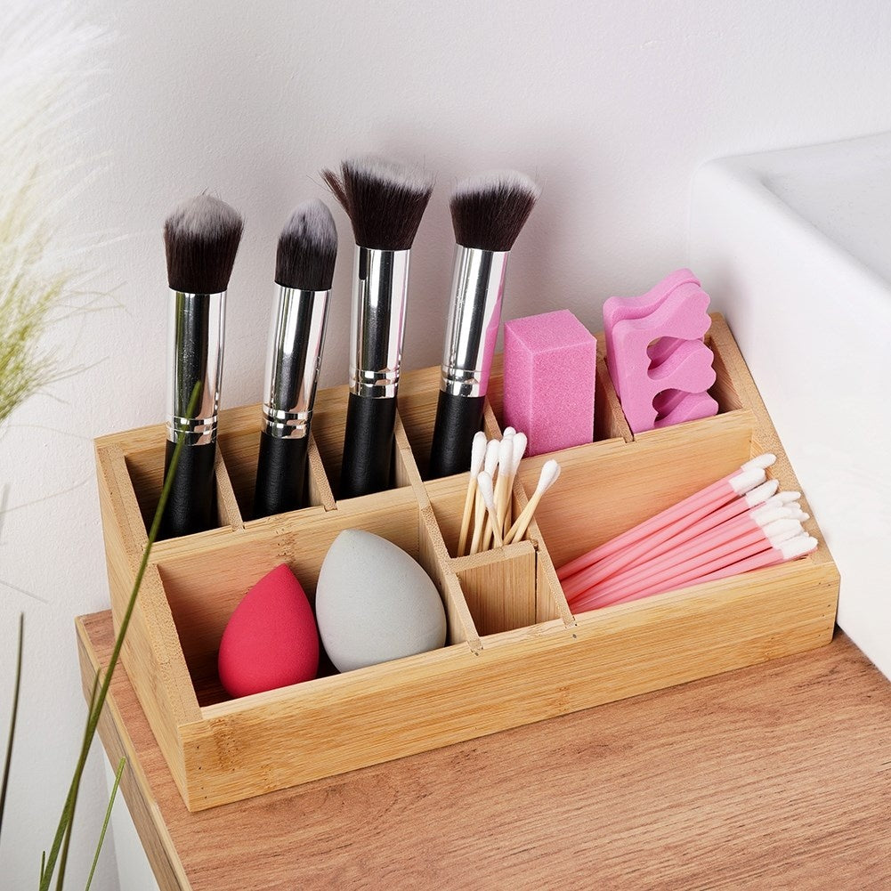 Organizer with 10 compartments in bamboo wood for make-up and make-up