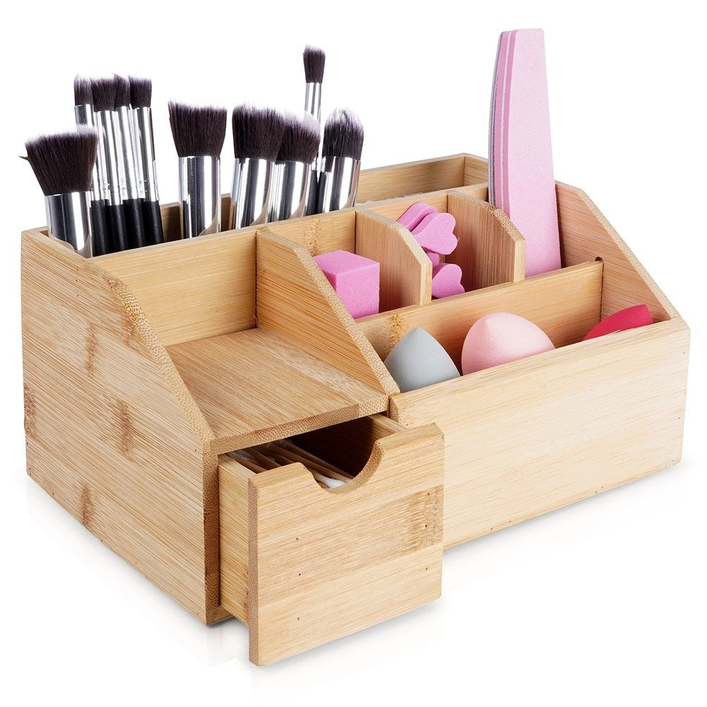 Organizer with six compartments and pull-out drawer in bamboo