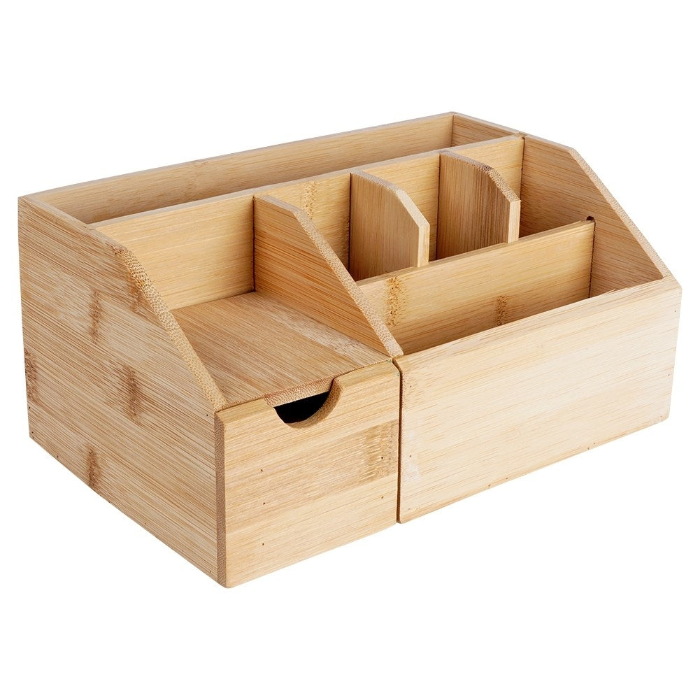Organizer with six compartments and pull-out drawer in bamboo