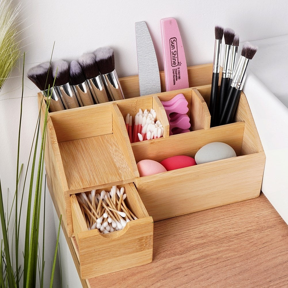 Organizer with six compartments and pull-out drawer in bamboo