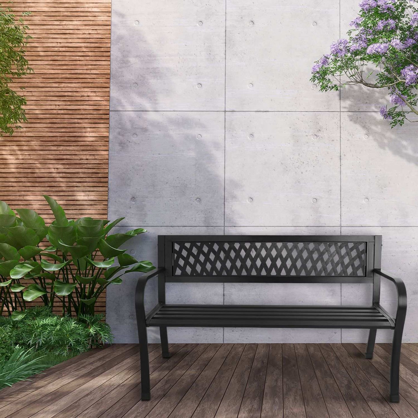 Ornamental garden bench with backrest, park bench for terrace and balcony, metal construction