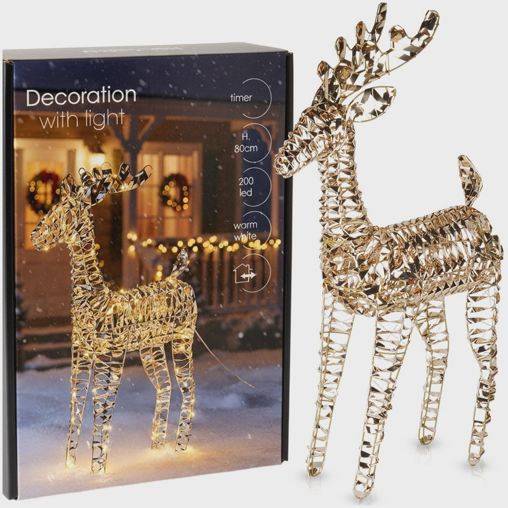 Outdoor LED Reindeer, 200 Lights, 80 cm, Gold, Timer