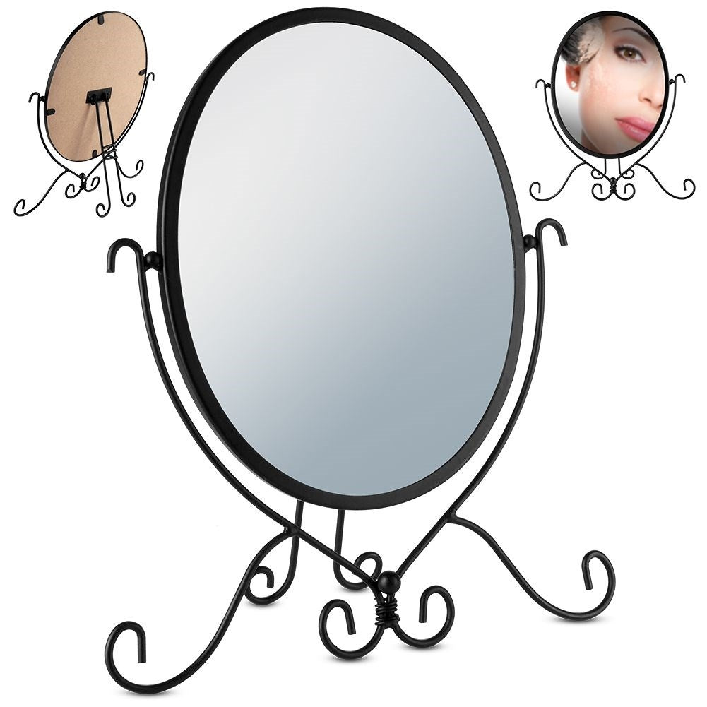 Oval Vanity Mirror with Robust Stand and Black Metal Frame