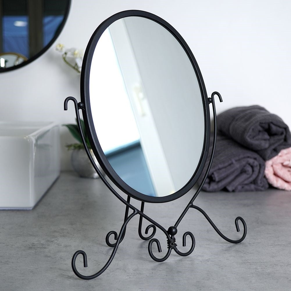 Oval Vanity Mirror with Robust Stand and Black Metal Frame