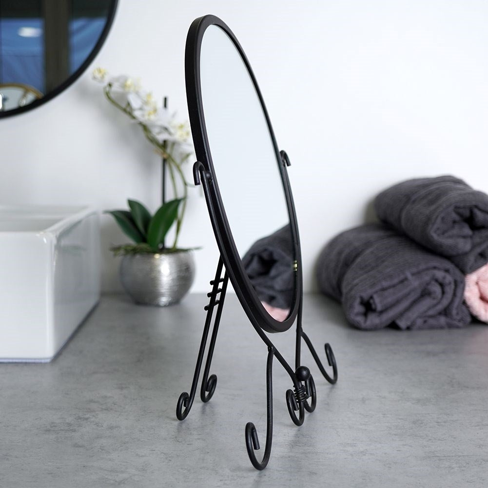 Oval Vanity Mirror with Robust Stand and Black Metal Frame