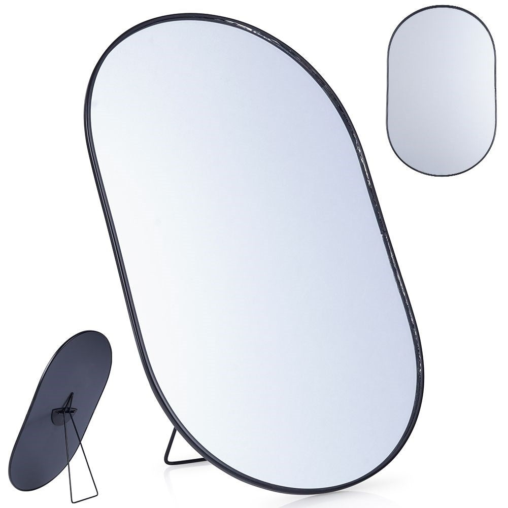Oval make-up mirror with sturdy metal base and frame
