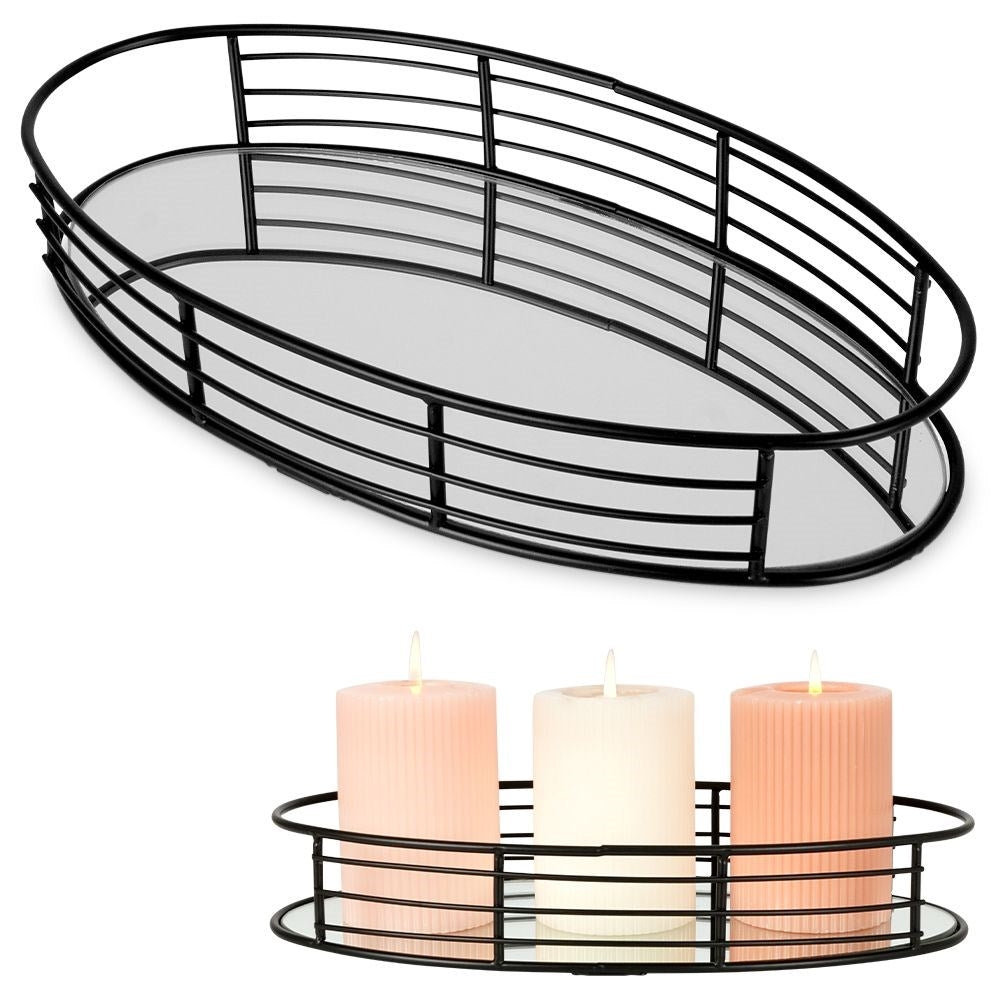 Oval mirror tray 30x15.5 cm in black metal and glass