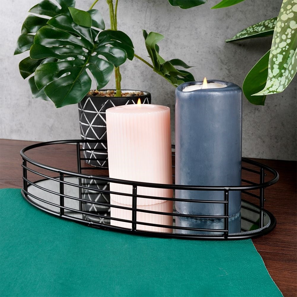 Oval mirror tray 30x15.5 cm in black metal and glass