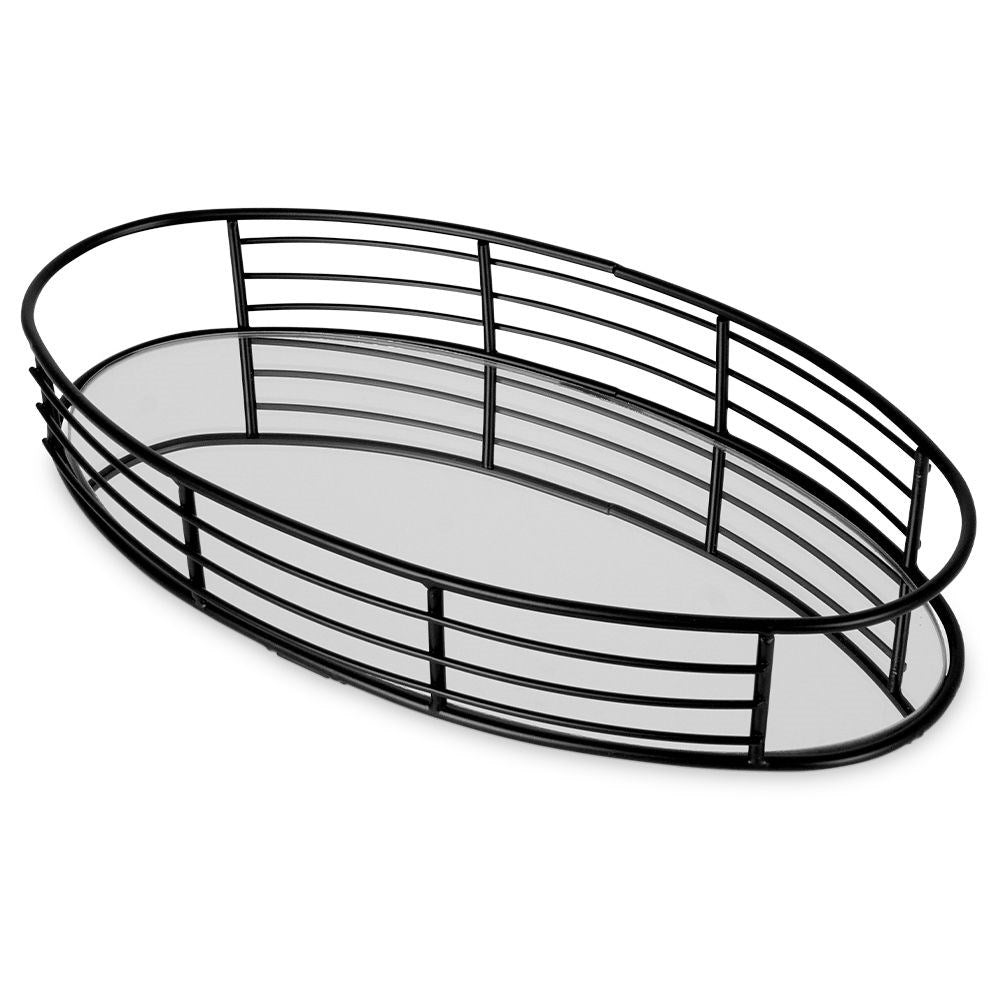 Oval mirror tray 30x15.5 cm in black metal and glass