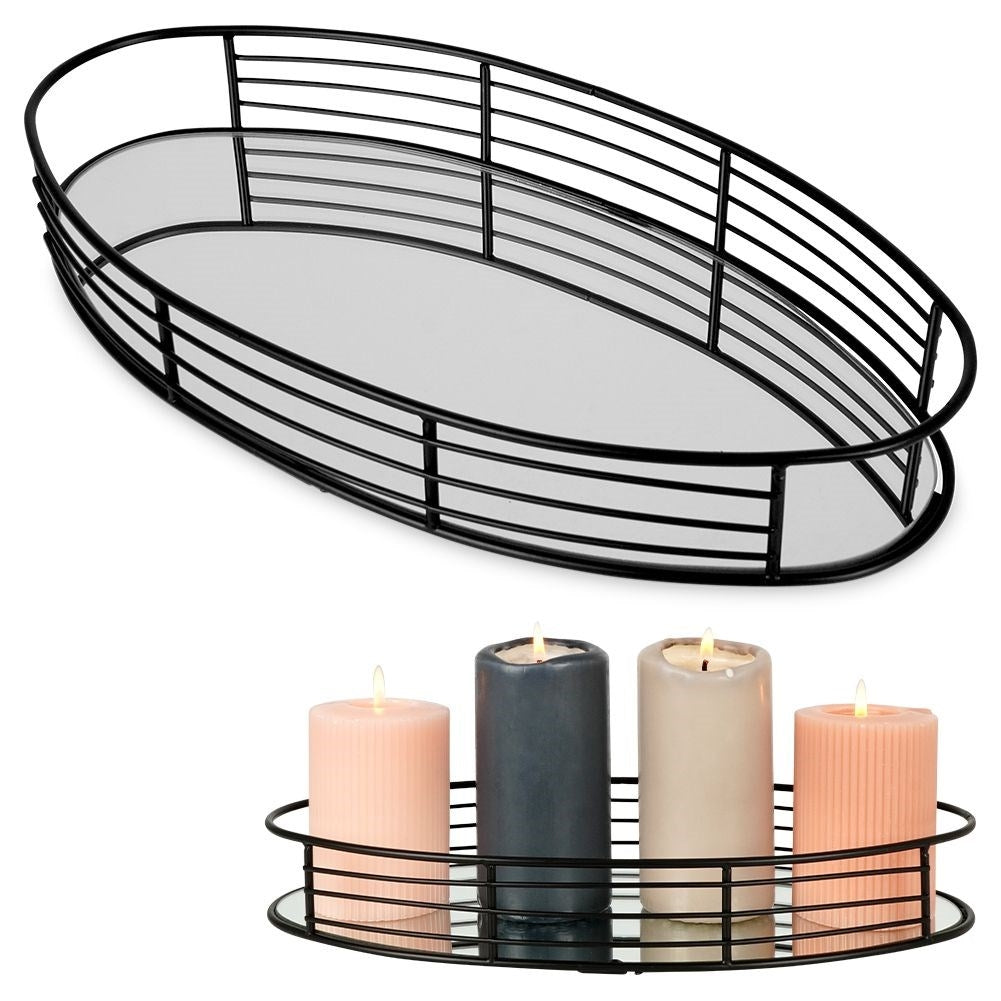 Oval mirror tray for candles - 35x18 cm black metal