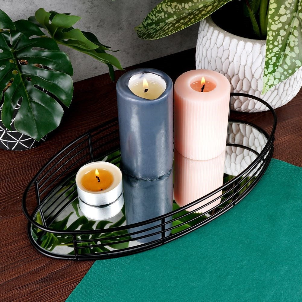 Oval mirror tray for candles - 35x18 cm black metal