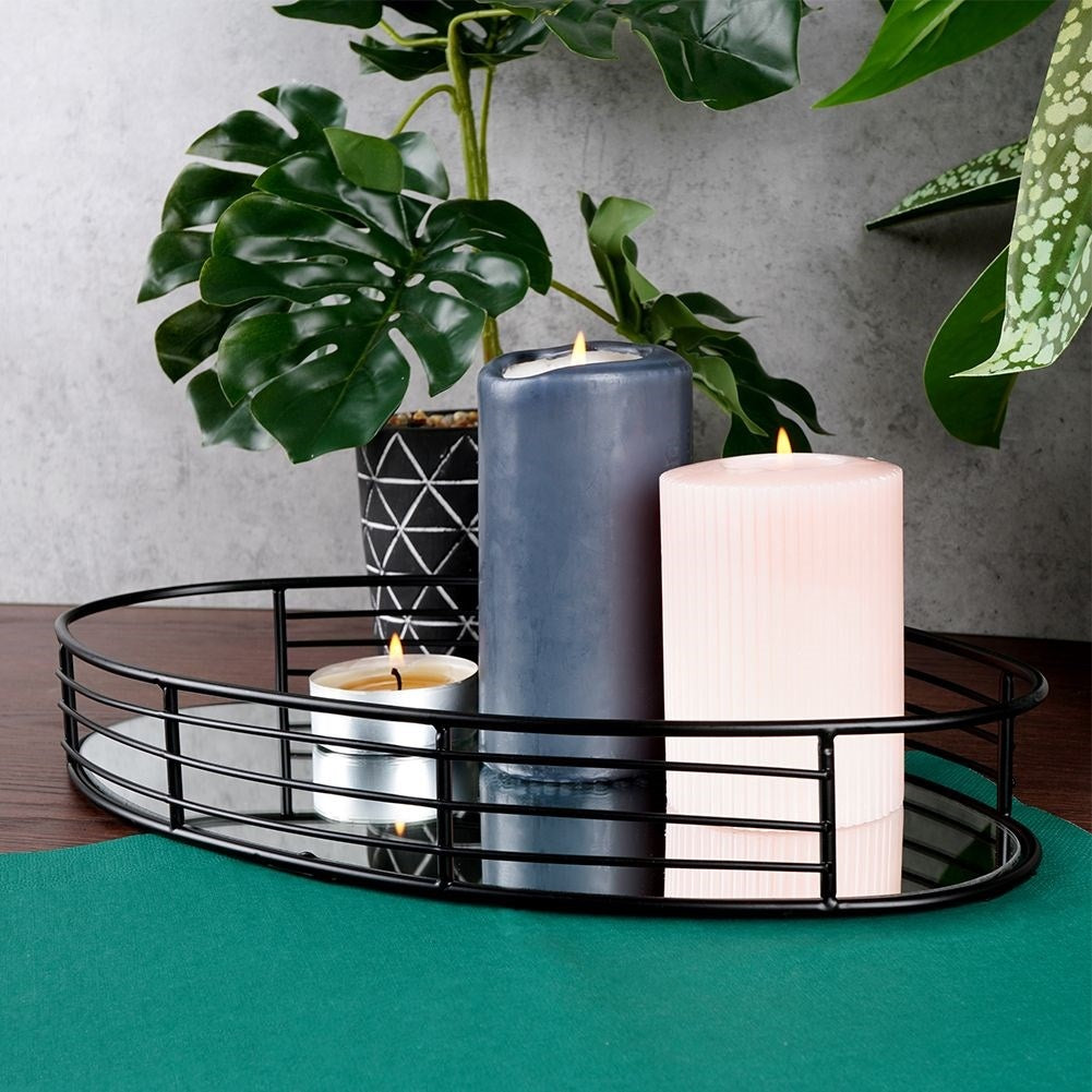 Oval mirror tray for candles - 35x18 cm black metal