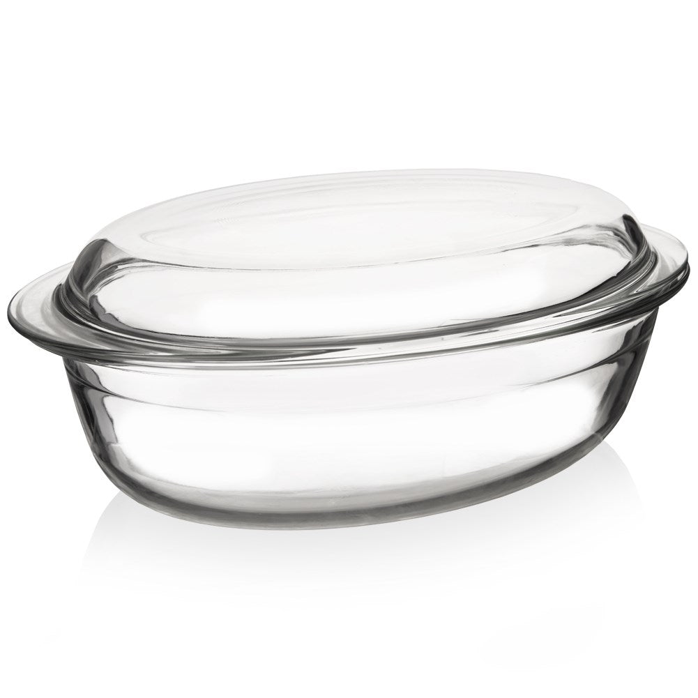 Oval ovenproof glass dish with lid for baking and gratin