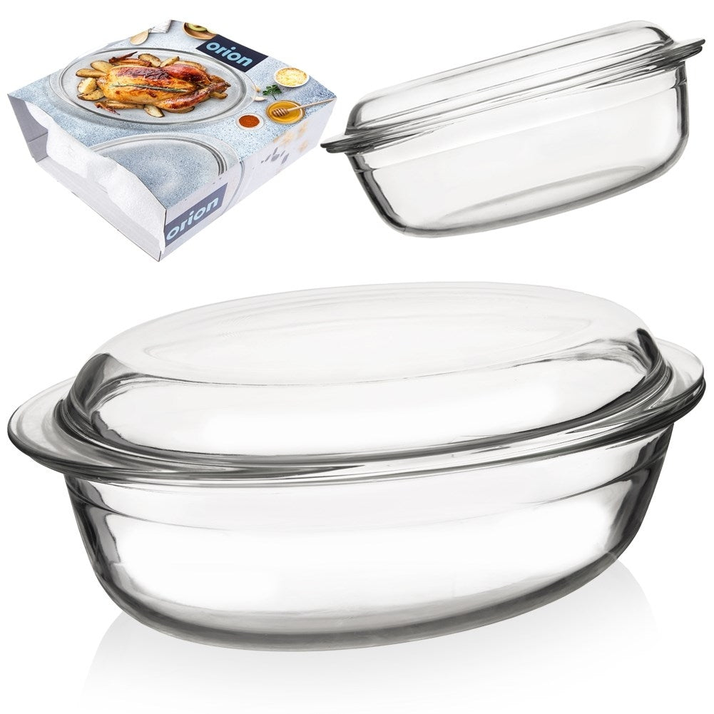 Oval ovenproof glass dish with lid for baking and gratin