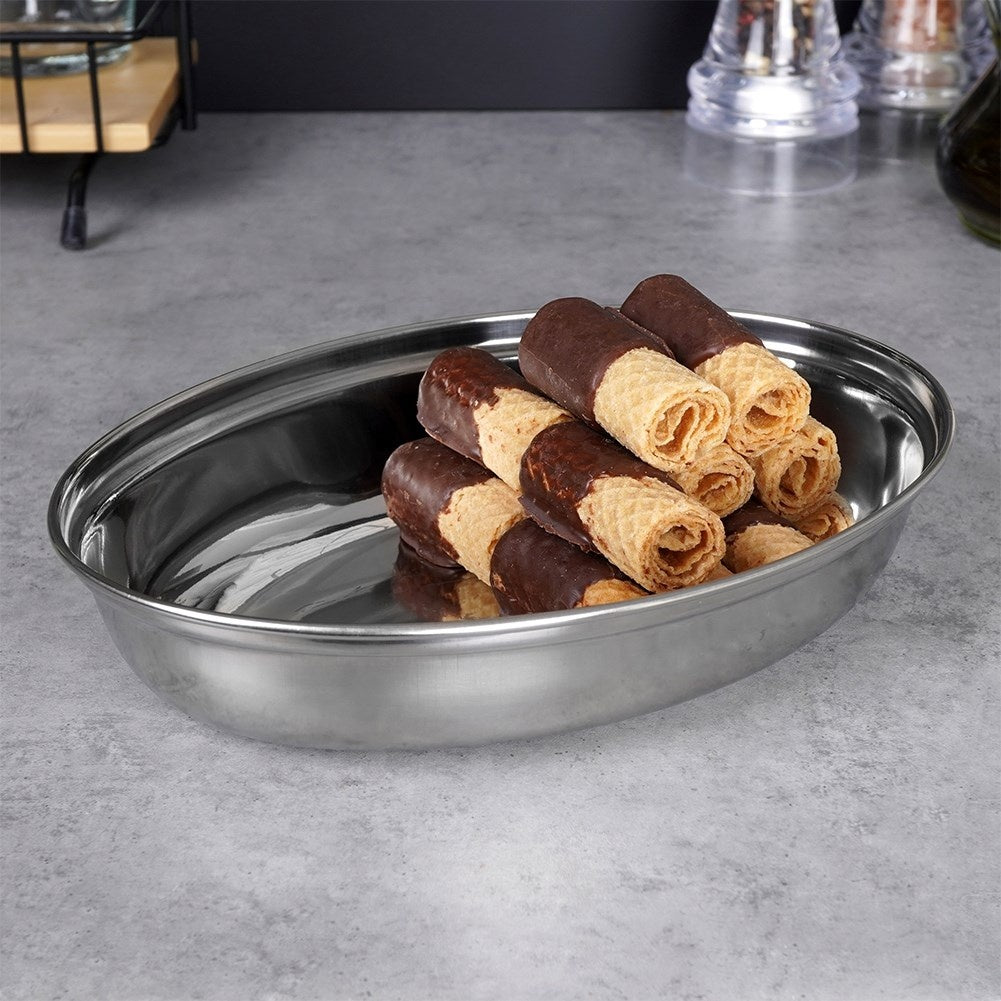 Oval serving bowl in high-gloss stainless steel