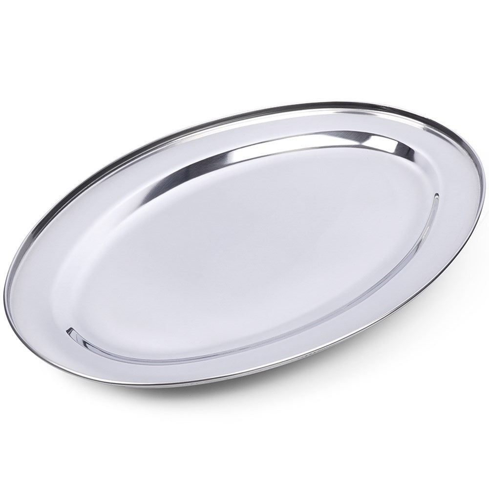 Oval serving tray in high-gloss stainless steel, robust and durable