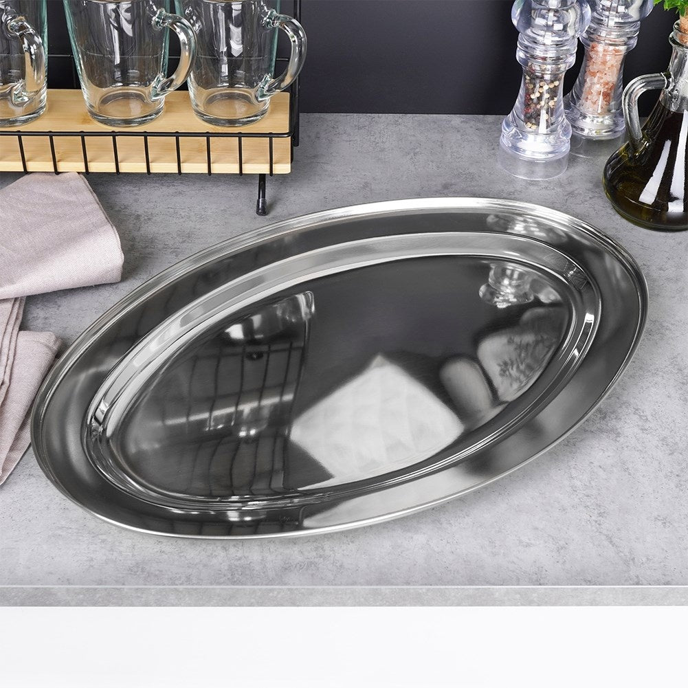 Oval serving tray in high-gloss stainless steel, robust and durable