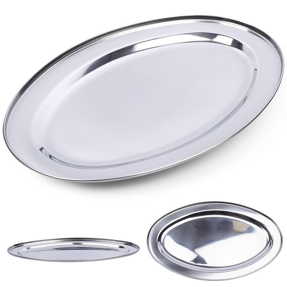 Oval serving tray in high-gloss stainless steel, robust and durable