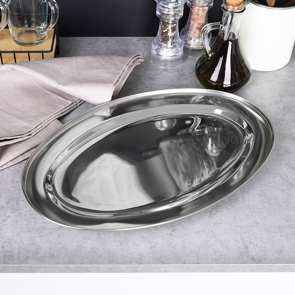 Oval serving tray in stainless steel for all dishes