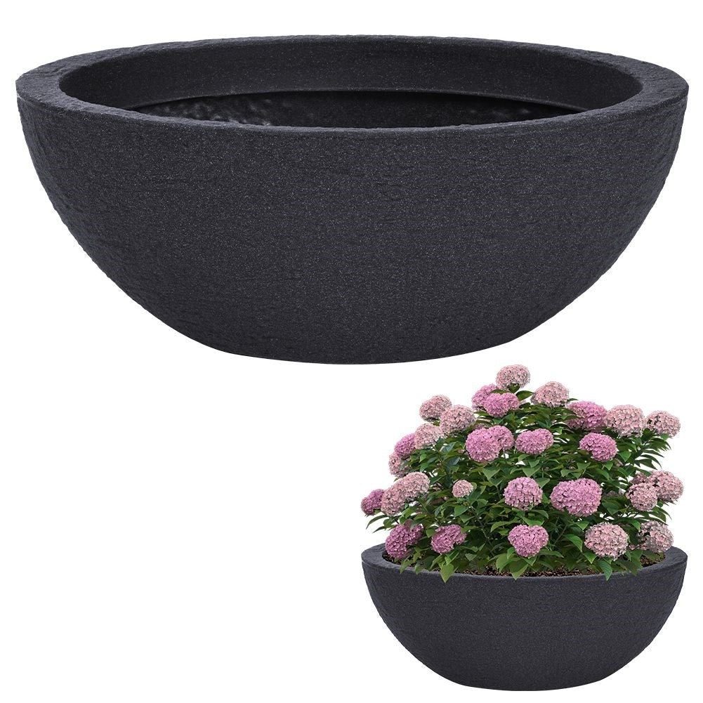 Oval weatherproof plastic pot imitating stone for outdoor use