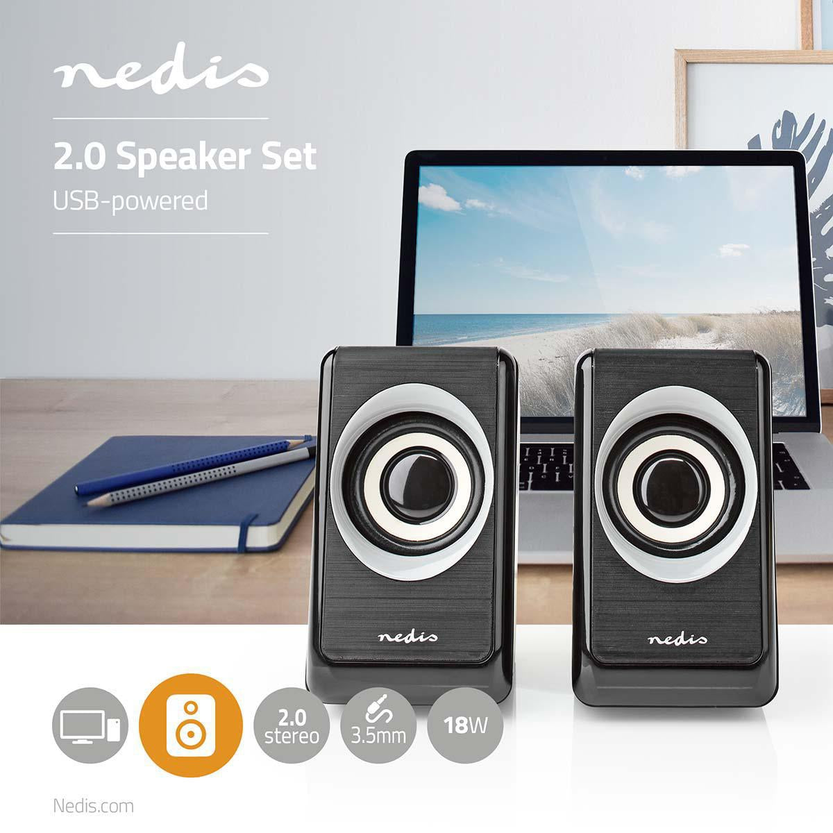PC Speakers | 2.0 | 18 W| 3.5 mm Male | USB Power | Volume Control | Connection output