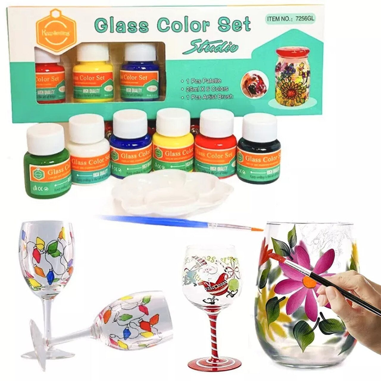 Paints for glass ceramics porcelain set for painting on glass 6 colours x 25ml + brush painting palette