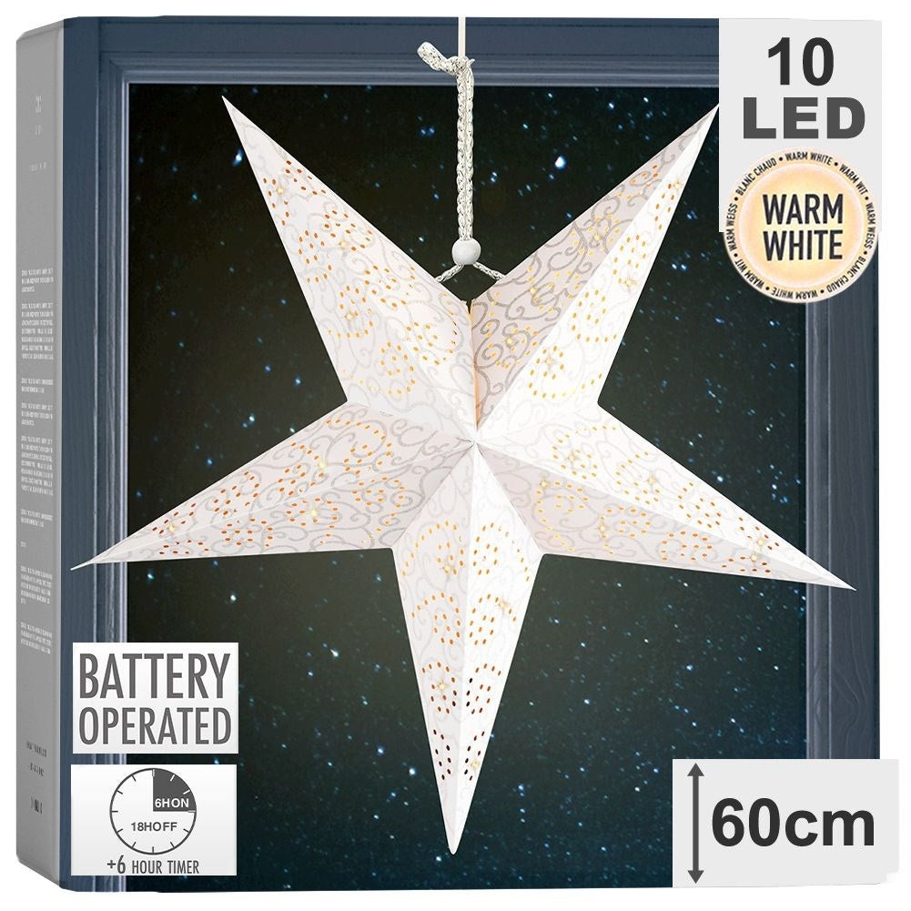 Paper Christmas star with 10 LED lights and glittery decorations