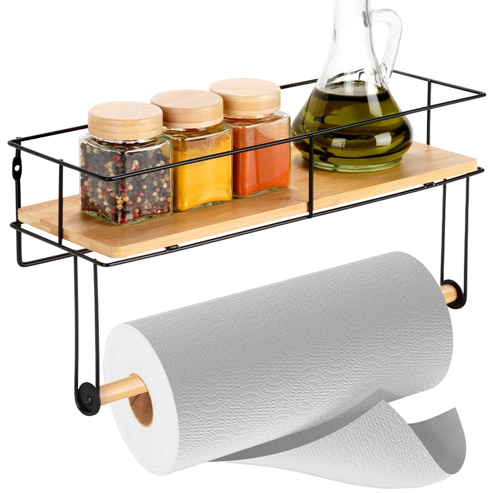 Paper Towel Holder with Shelf, Black Metal 37x12.5x18.5 cm