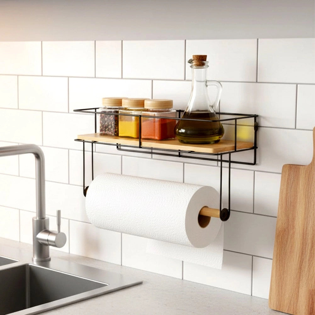 Paper Towel Holder with Shelf, Black Metal 37x12.5x18.5 cm
