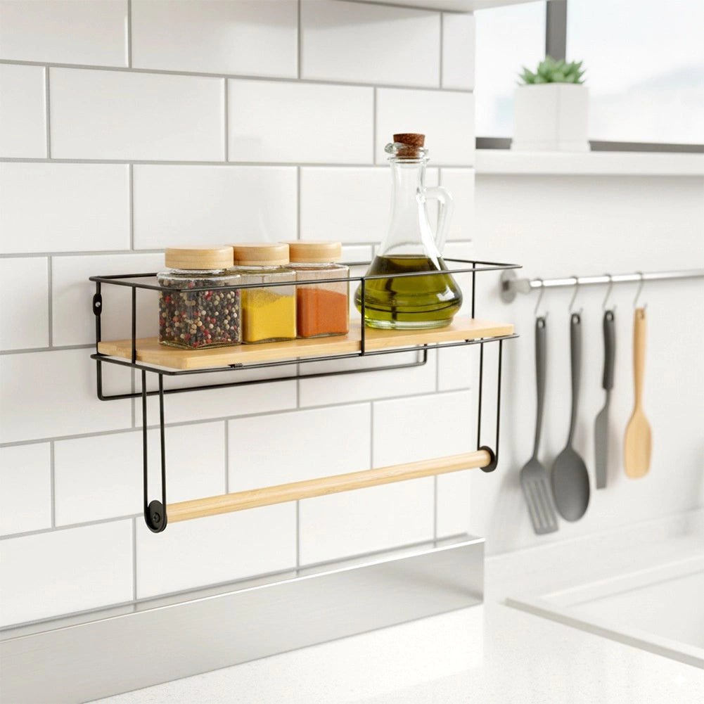 Paper Towel Holder with Shelf, Black Metal 37x12.5x18.5 cm