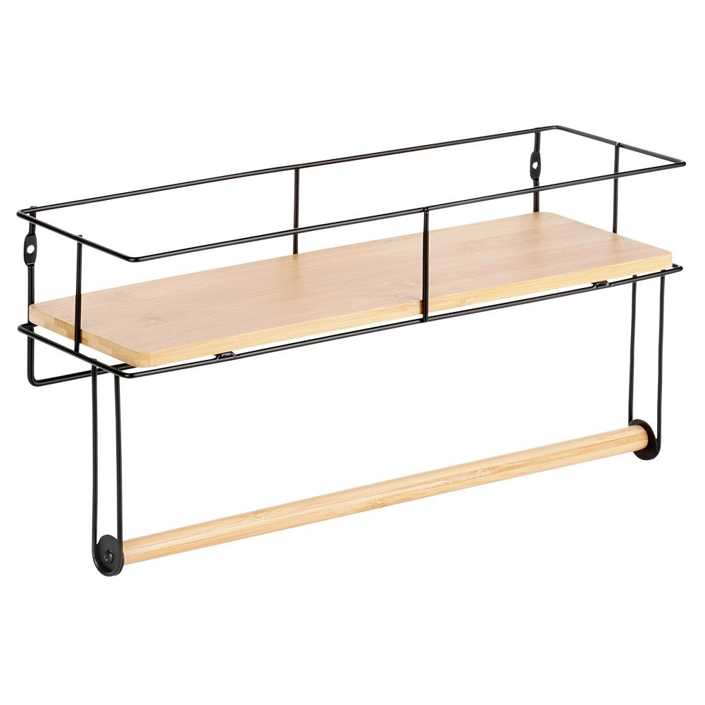 Paper Towel Holder with Shelf, Black Metal 37x12.5x18.5 cm