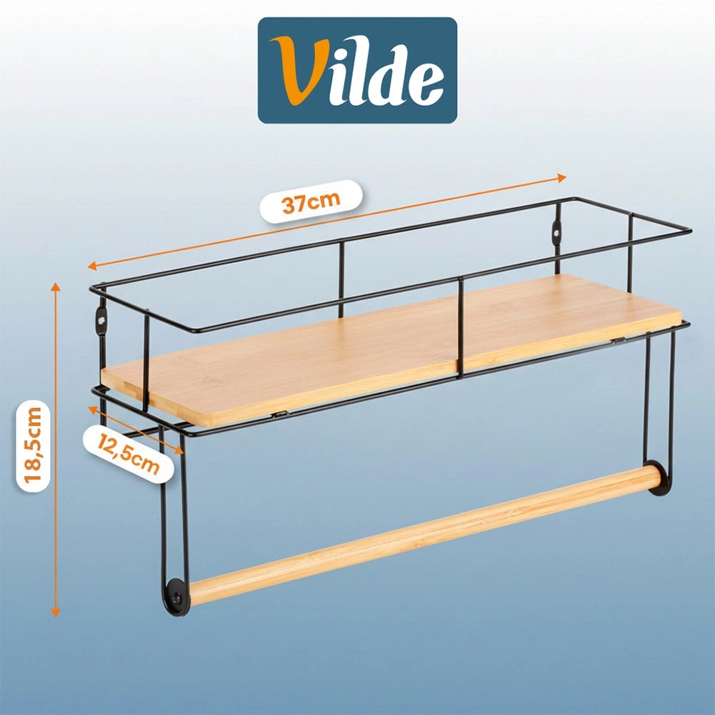 Paper Towel Holder with Shelf, Black Metal 37x12.5x18.5 cm