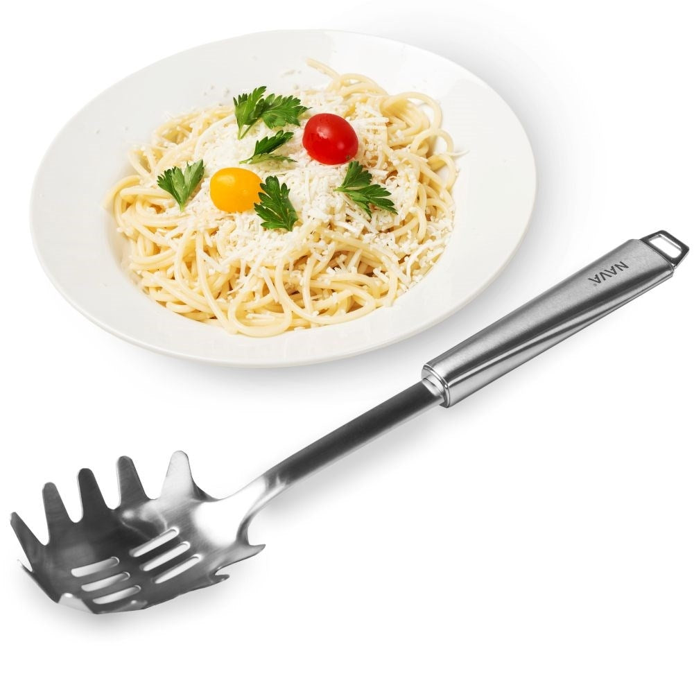Pasta serving utensils in matt stainless steel, dishwasher safe