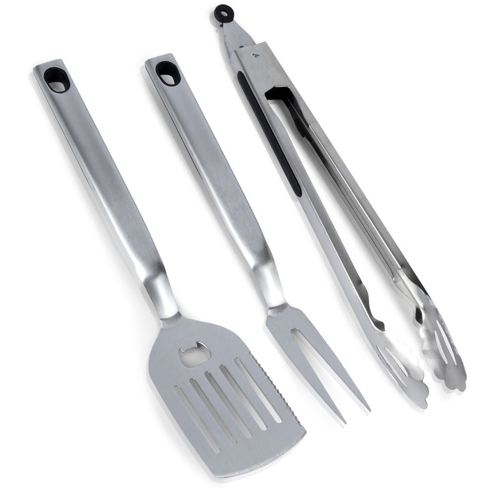 Perfect grill tools: 3-piece stainless steel set with handles
