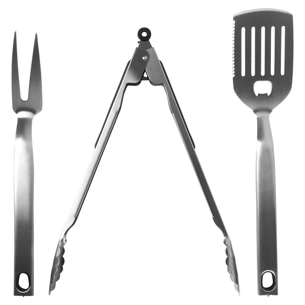 Perfect grill tools: 3-piece stainless steel set with handles