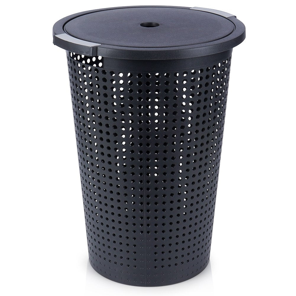 Perforated black laundry basket with openable lid