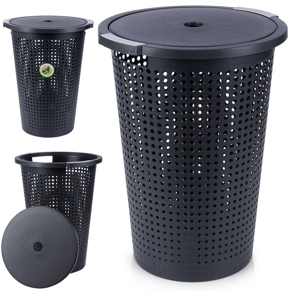 Perforated black laundry basket with openable lid