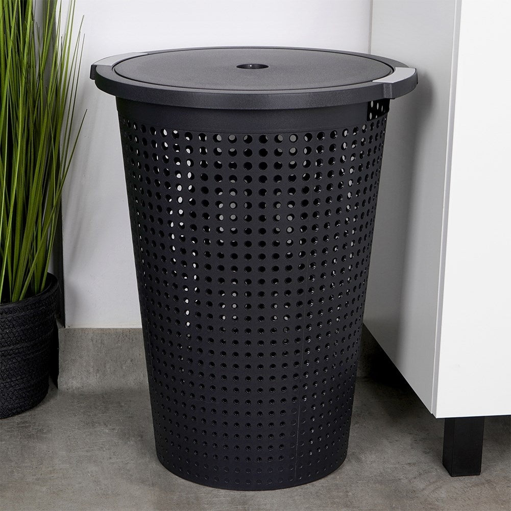 Perforated black laundry basket with openable lid