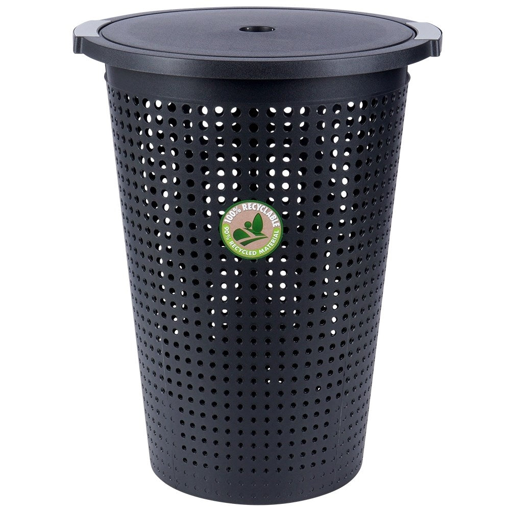 Perforated black laundry basket with openable lid