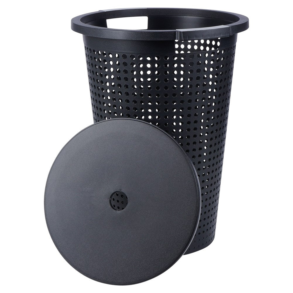 Perforated black laundry basket with openable lid