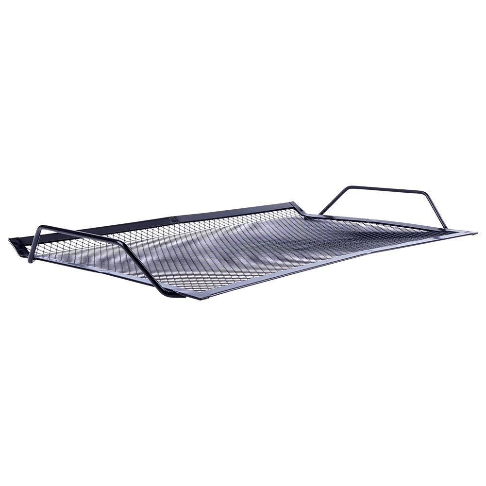 Perforated grill plate in black metal for meat and vegetables
